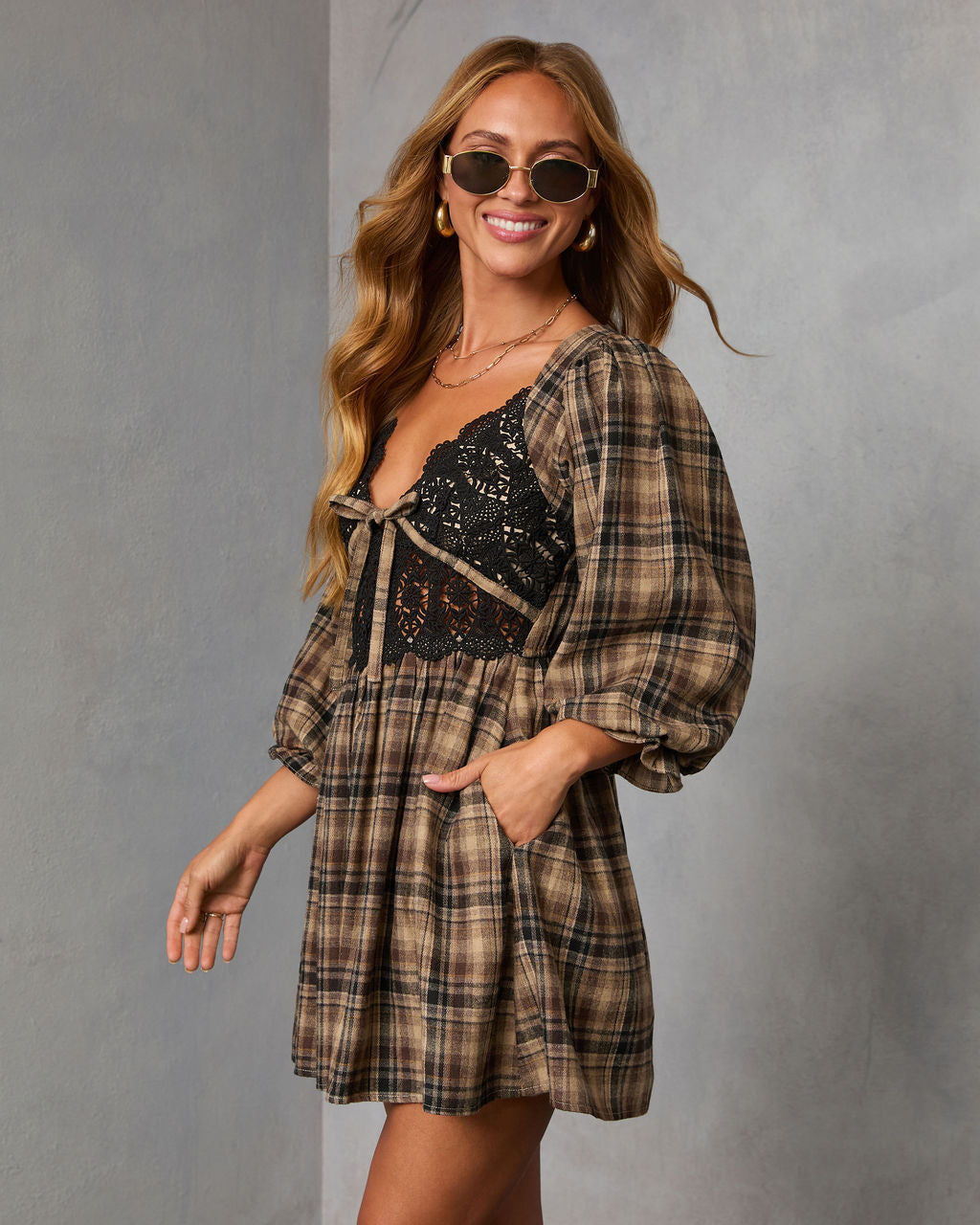 Ajah Plaid Lace Bust Mini Dress