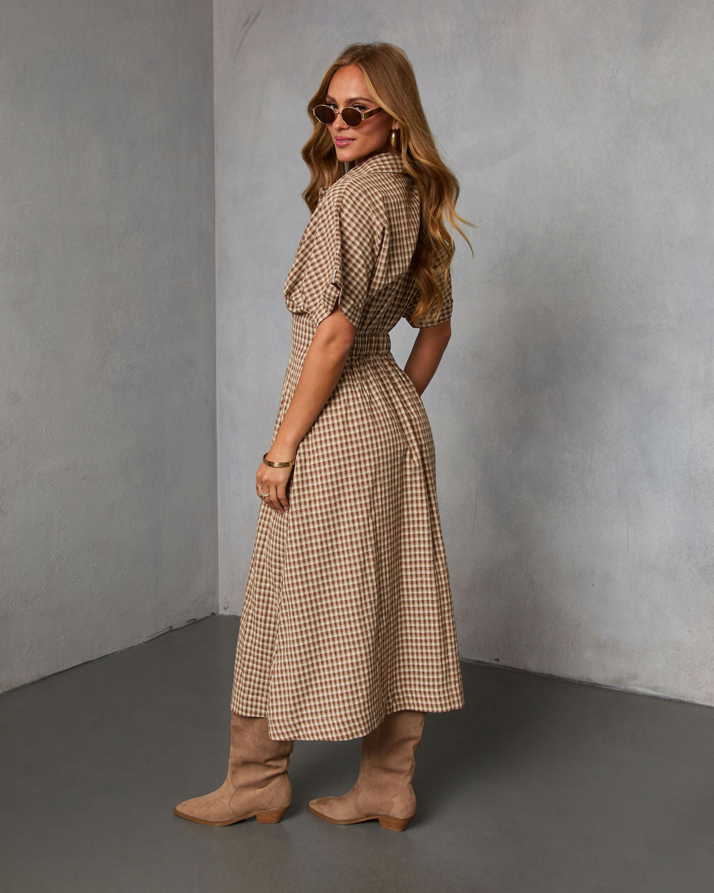 Backroad Blues Gingham Midi Shirt Dress