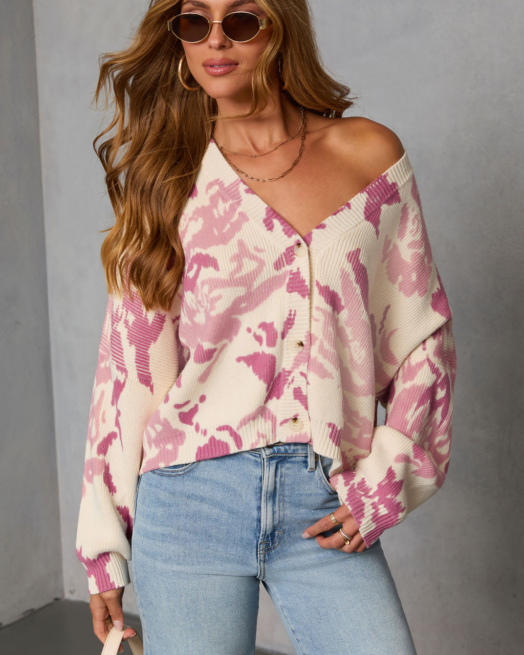 Honeyed Timber Knit Printed Cardigan