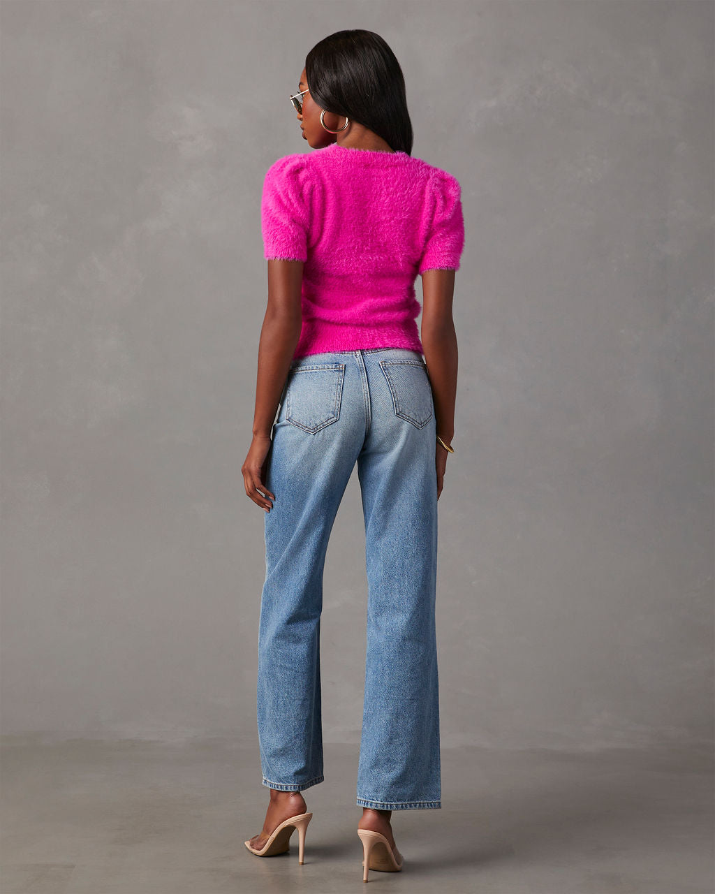 Emanuelle Fuzzy Short Sleeve Sweater Top